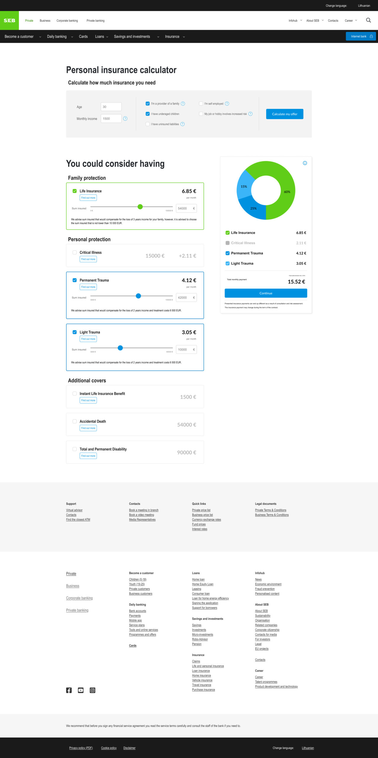 Seb Bank personal insurance calculator