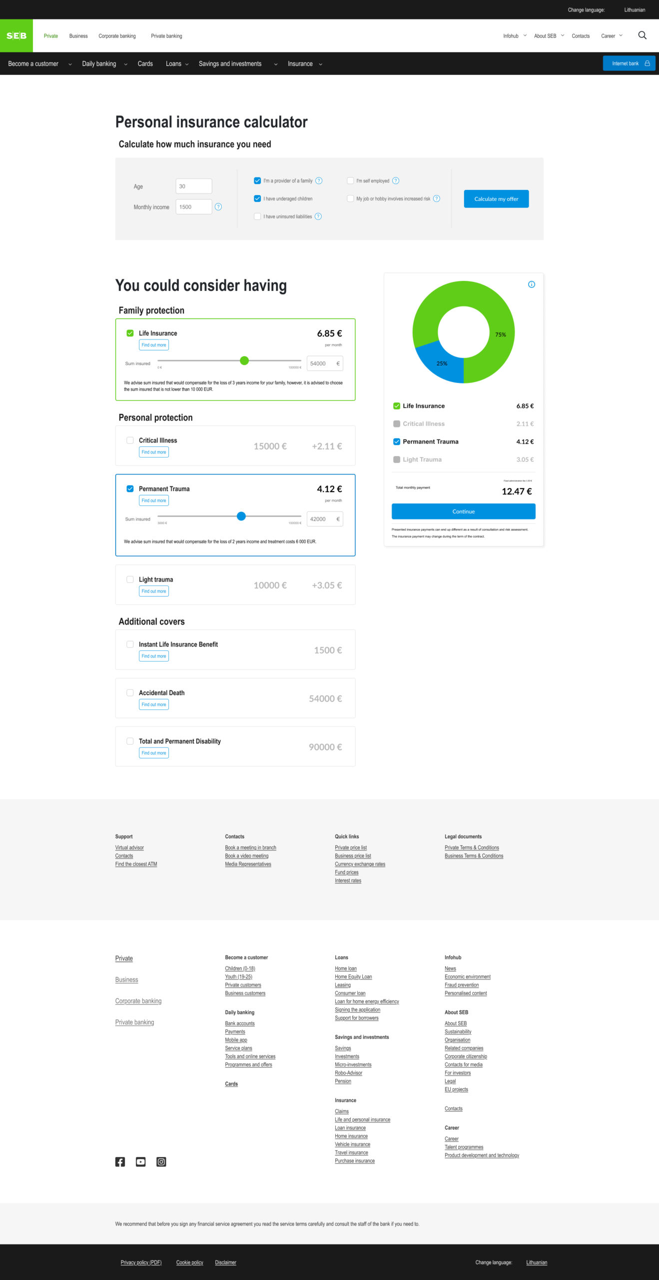 Seb Bank personal insurance calculator
