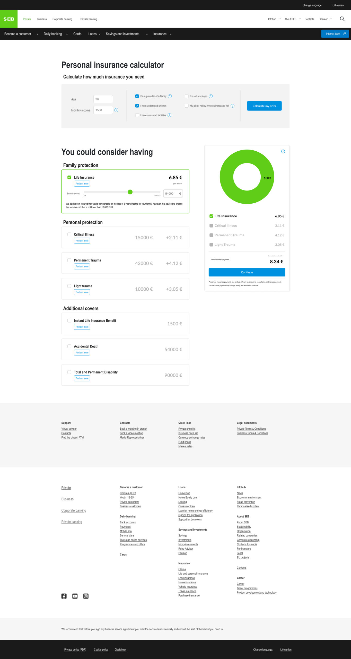 Seb Bank personal insurance calculator