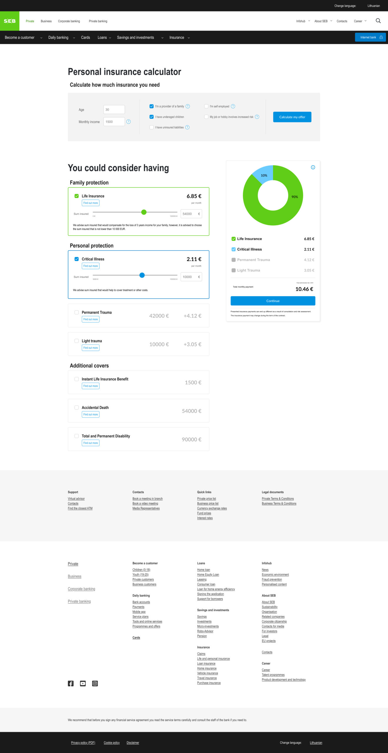 Seb Bank personal insurance calculator