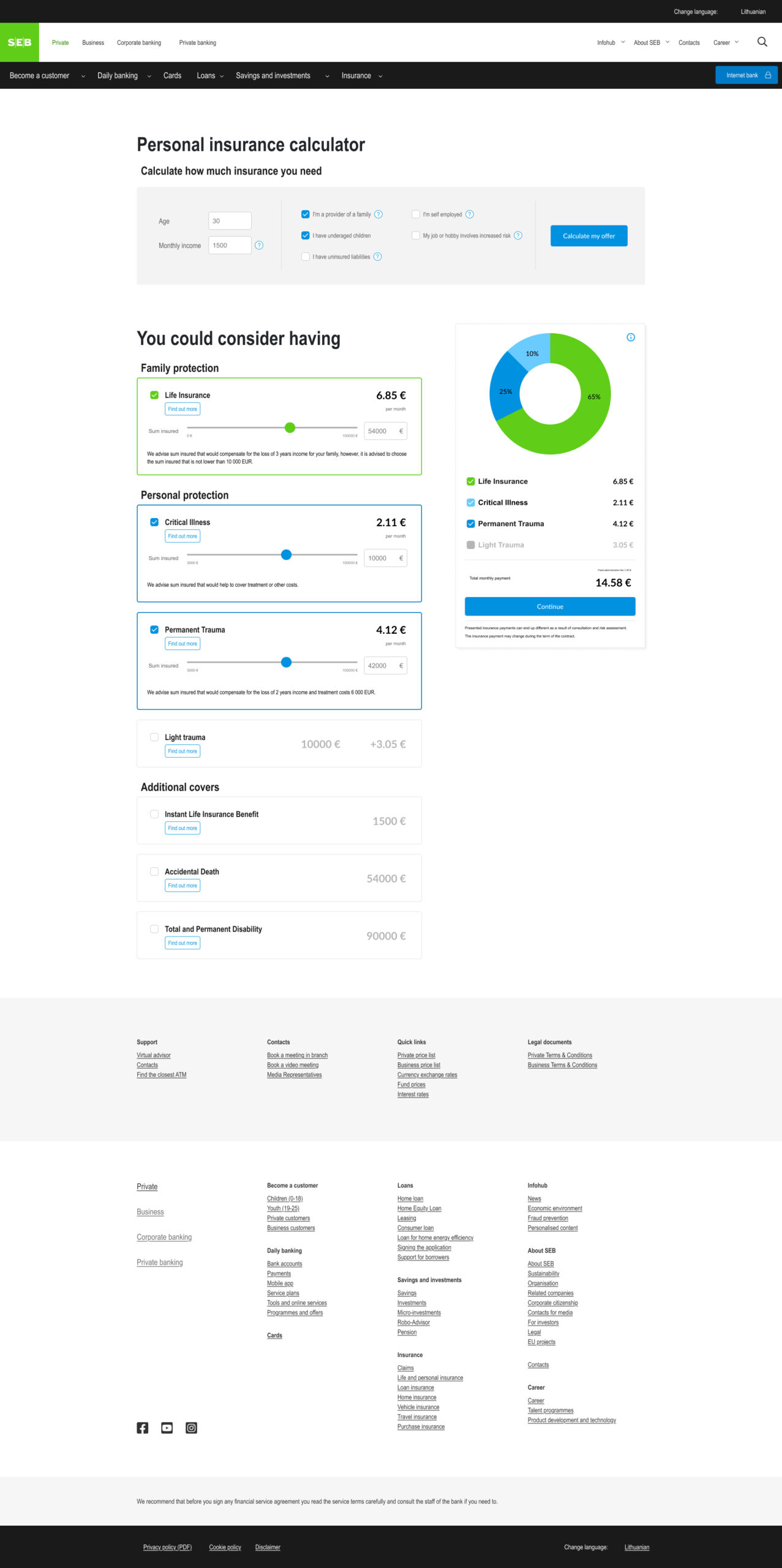 Seb Bank personal insurance calculator