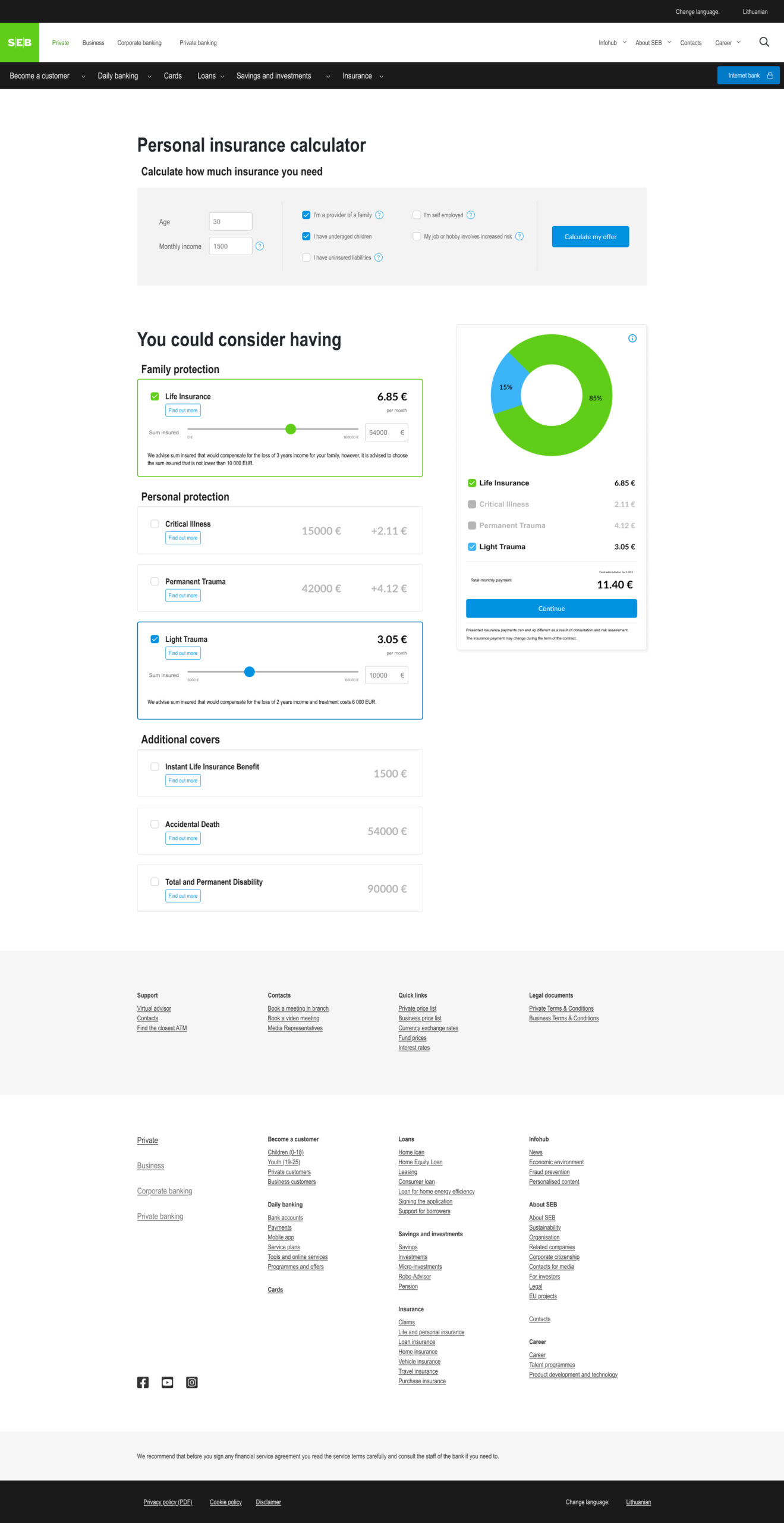 Seb Bank personal insurance calculator