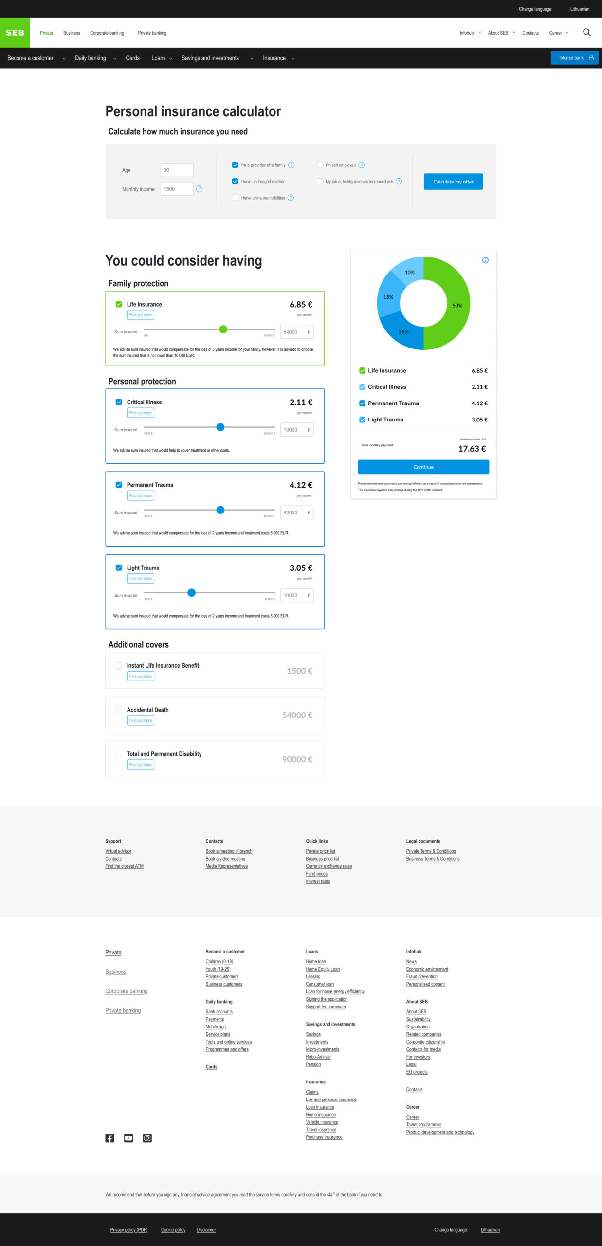 Seb Bank personal insurance calculator