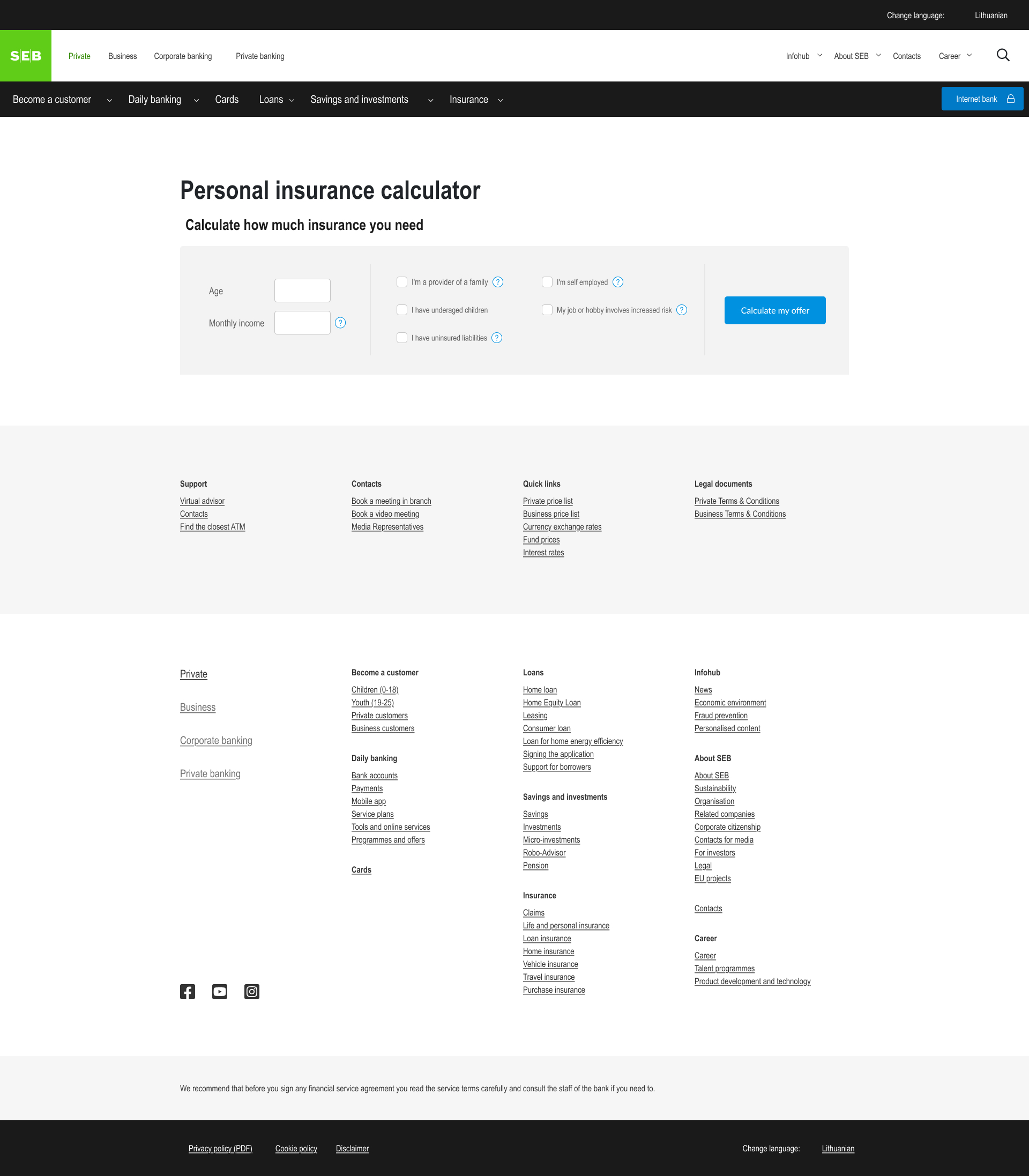 Seb Bank personal insurance calculator