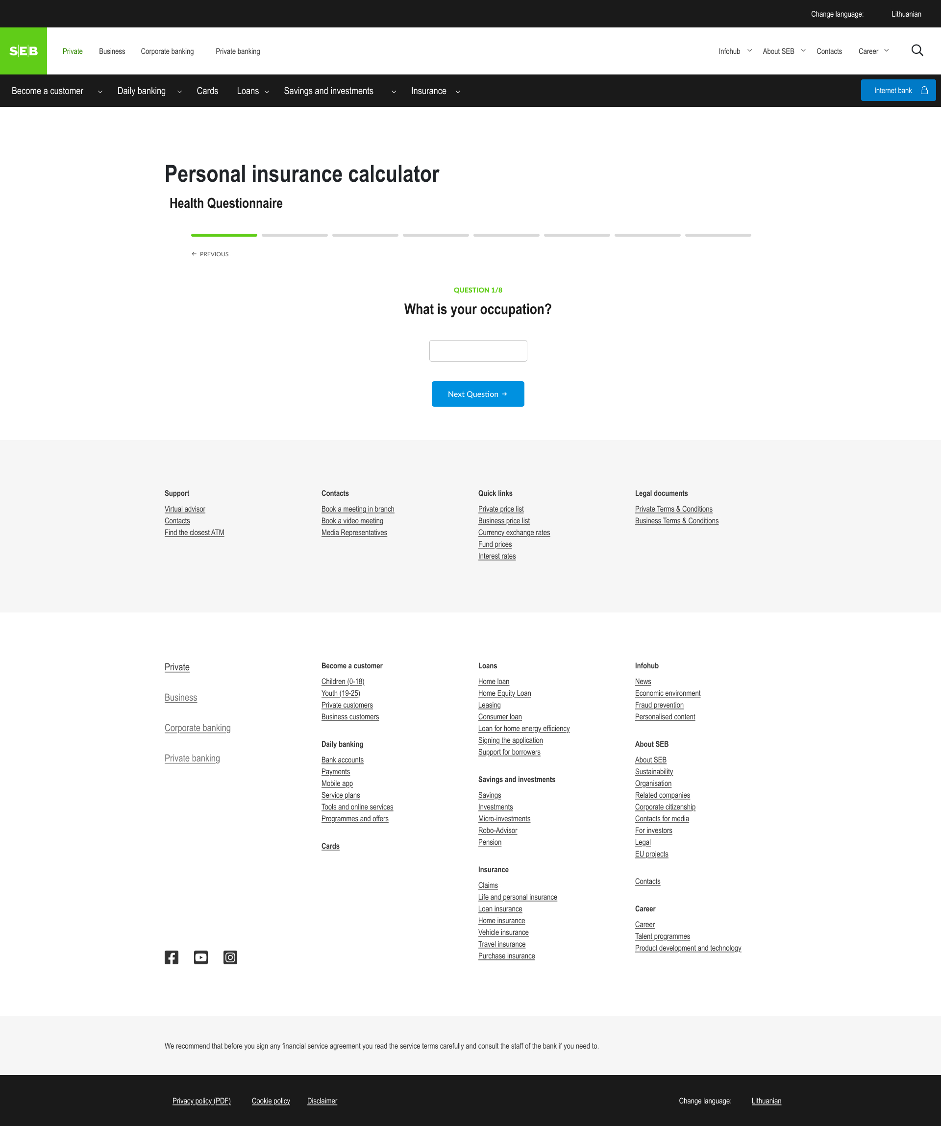 Seb Bank personal insurance calculator