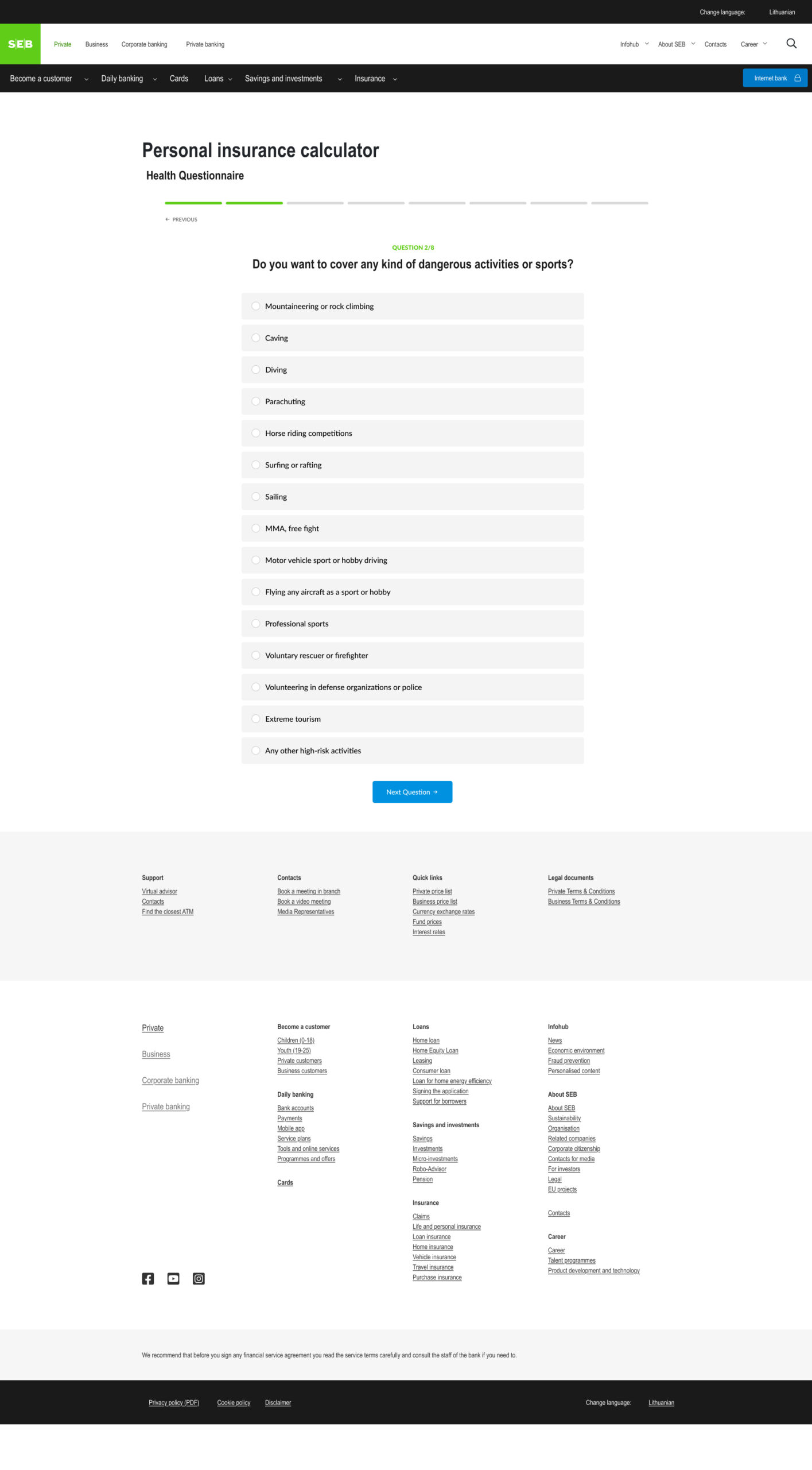 Seb Bank personal insurance calculator