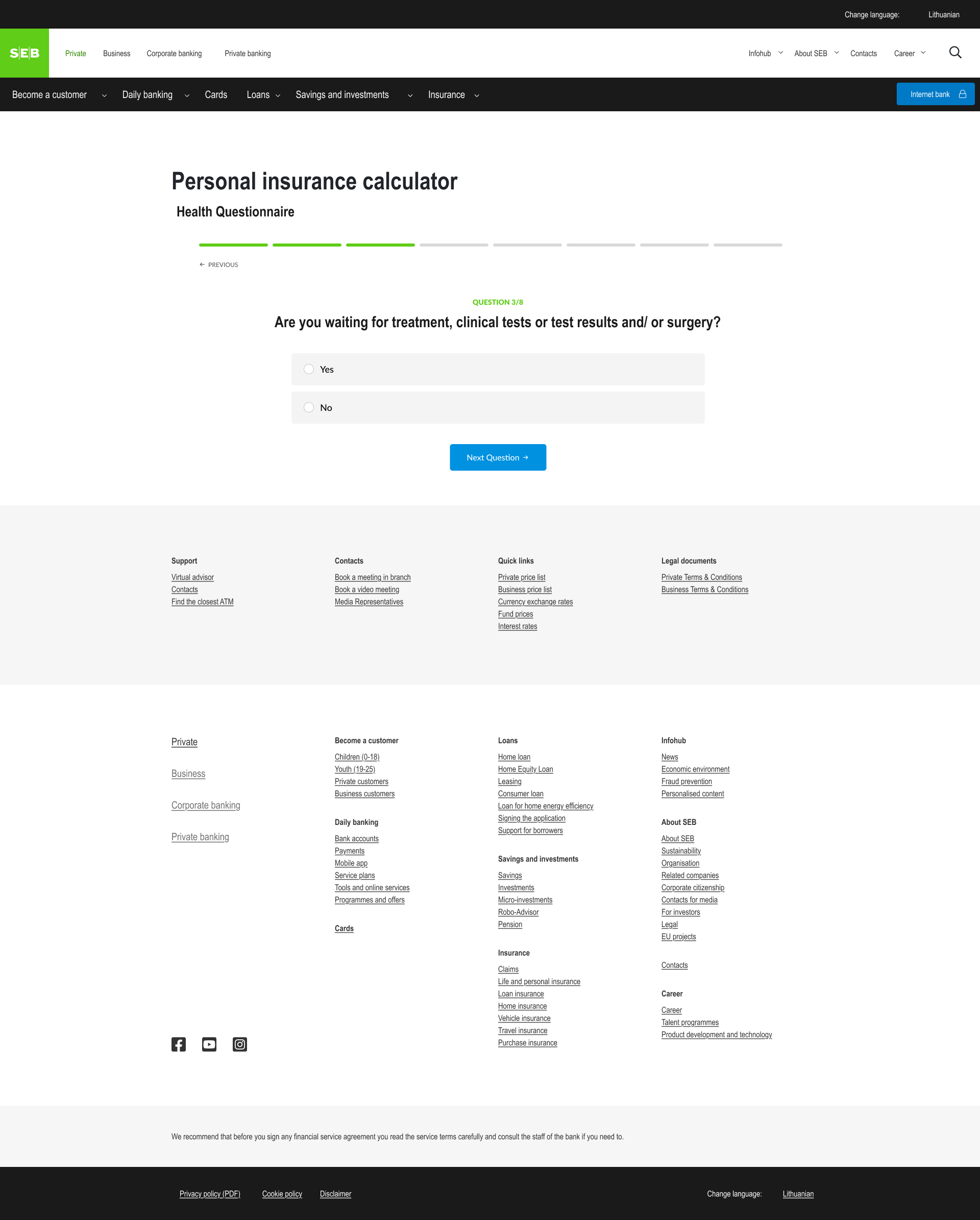 Seb Bank personal insurance calculator