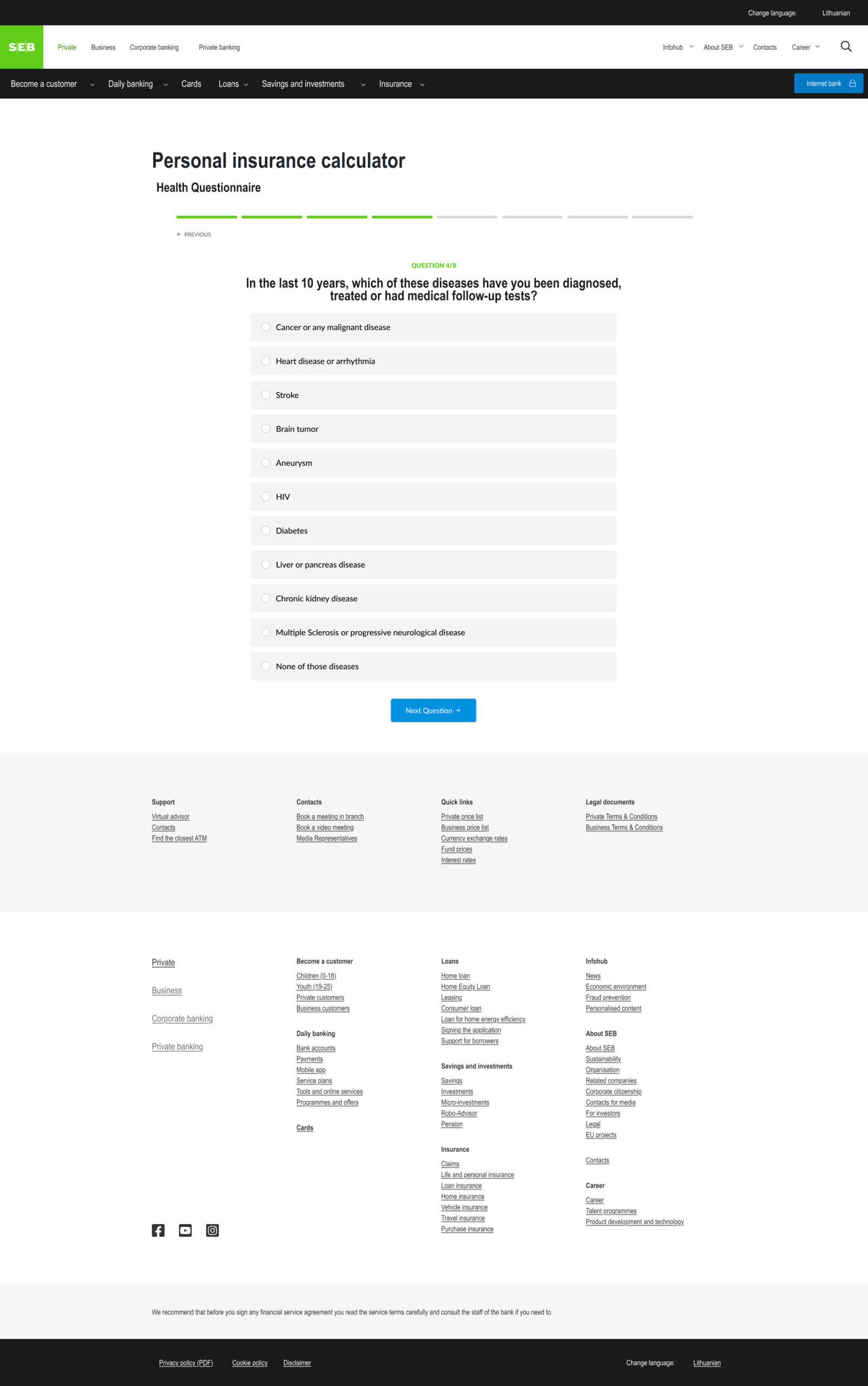 Seb Bank personal insurance calculator