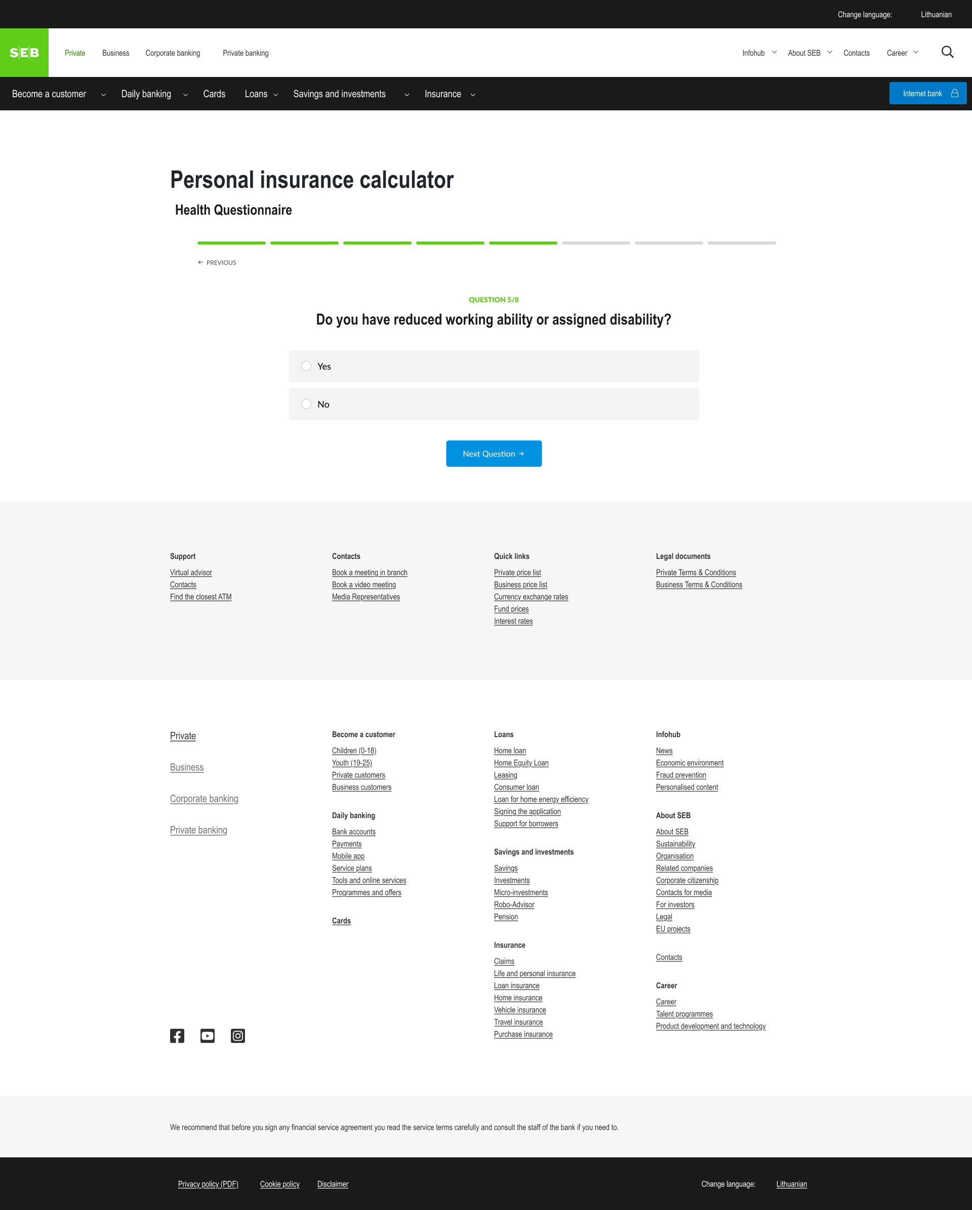 Seb Bank personal insurance calculator