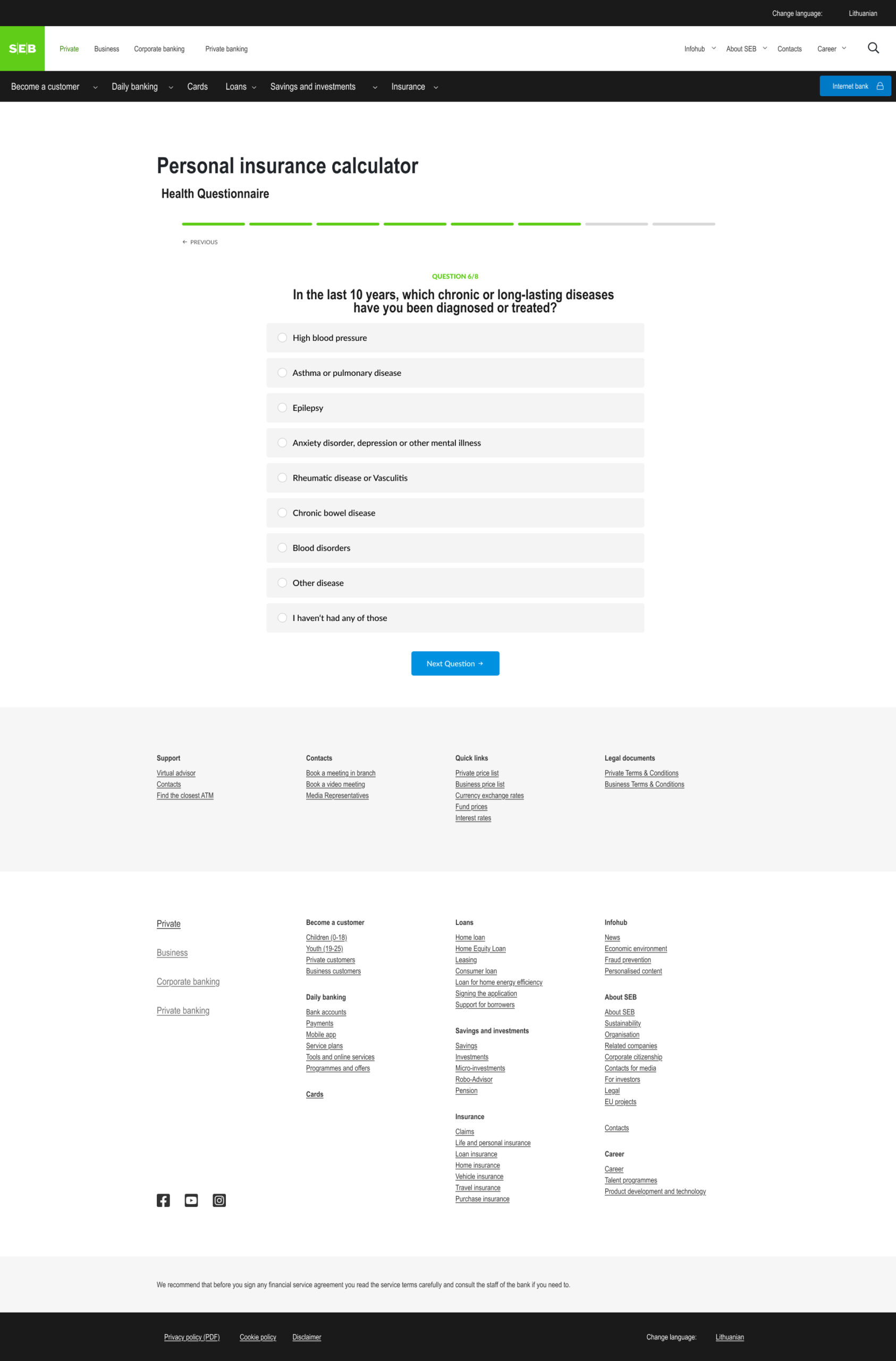 Seb Bank personal insurance calculator