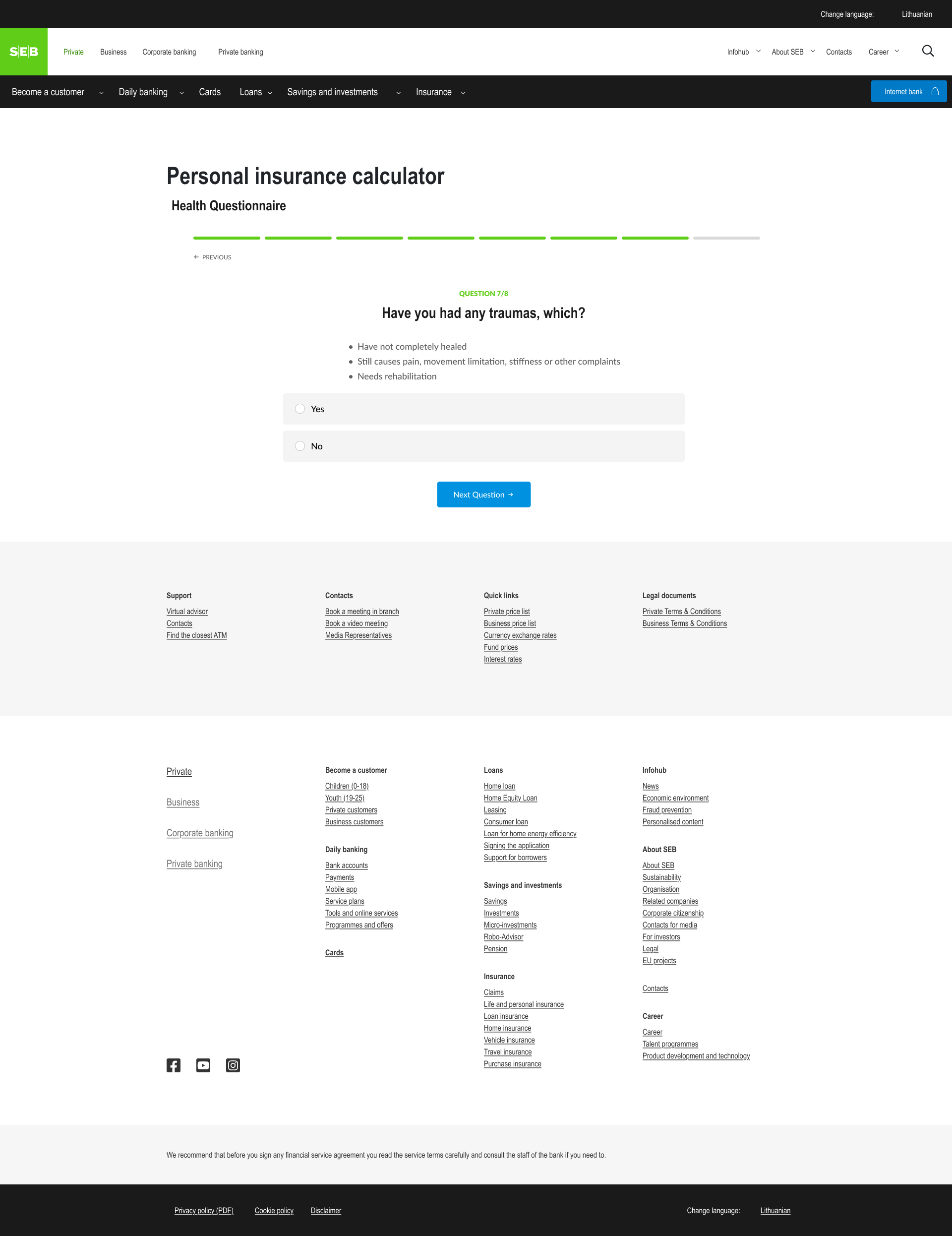 Seb Bank personal insurance calculator