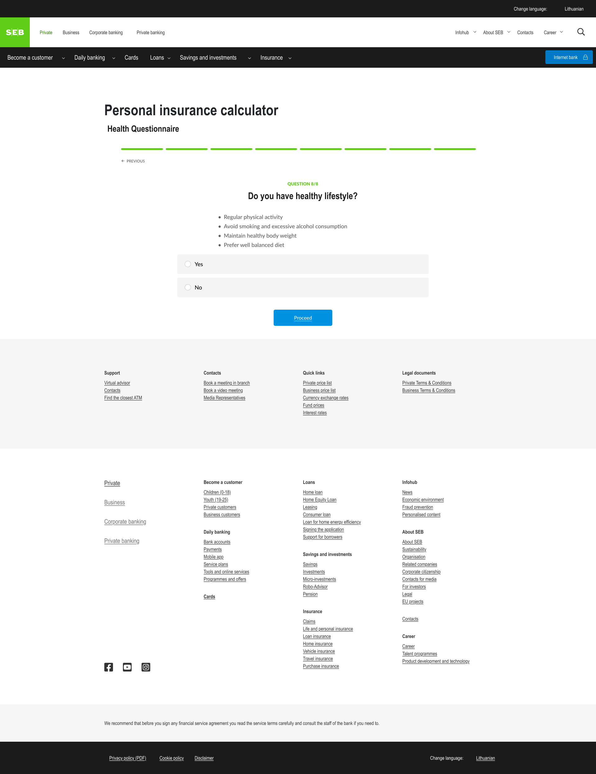Seb Bank personal insurance calculator